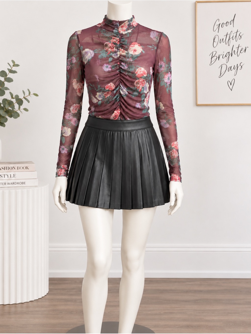 AFRM Burgundy Floral Ruched Mesh Long-Sleeve Top